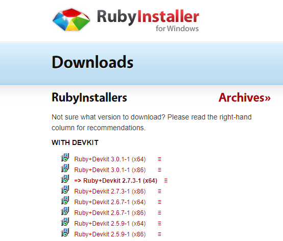 ruby installer page